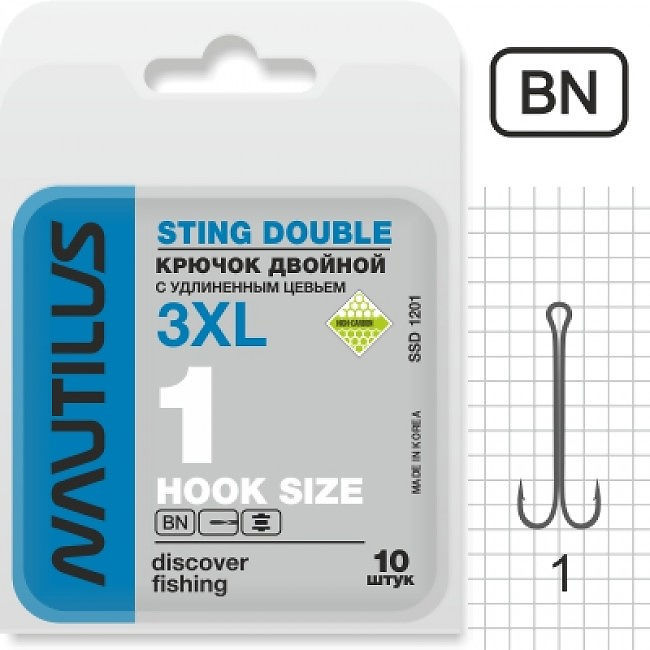 Крючок двойной Nautilus Sting 3XL SSD-1201BN №1/0 черный никель (упаковка - 10 шт)